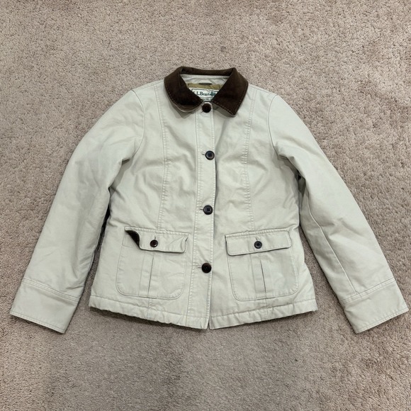 L.L. Bean Jackets & Blazers - LL Bean Chore Jacket Womens Small Khaki Barn Quilt Lined Corduroy Collar Retro